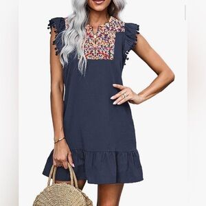 Floral Embroidered Ruffle Sleeveless Shift Dress Flowy Boho Dress Size M